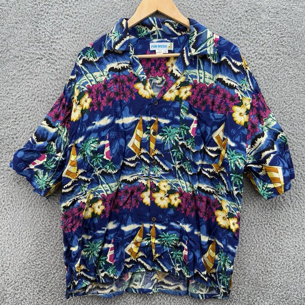 Vintage Fun Wear Hawaiian Shirt Mens L Blue 100%-Rayon Button Up Short Sleeve